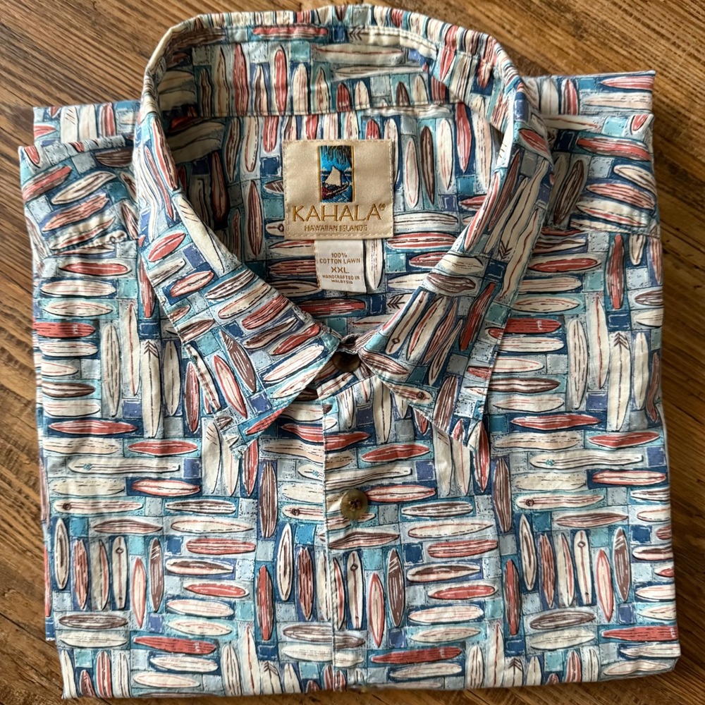 Kahala Button Front Shirt Mens XXL Blue Surfboard Print Cotton Lawn Hawaiian